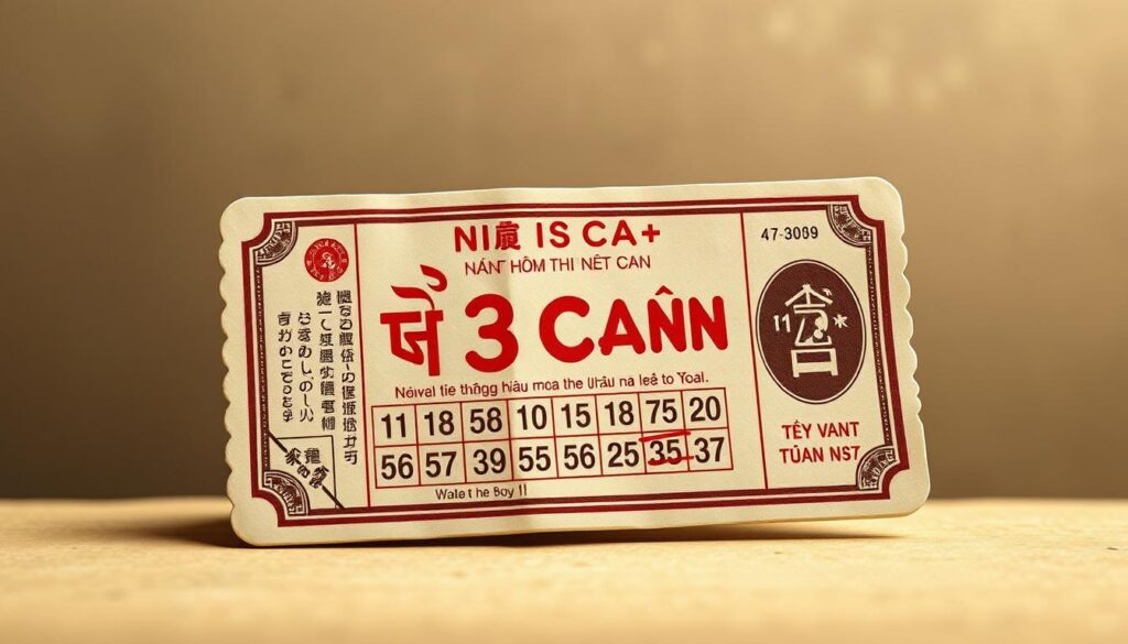A detailed close-up illustration of a traditional Vietnamese lottery ticket featuring the "Đề 3 Càng" game. The ticket is displayed against a muted, earthy background that evokes the feel of an old, weathered document. The ticket itself is crisp and well-defined, showcasing the intricate design elements and numerical patterns that characterize this popular lottery game. Soft, directional lighting highlights the tactile, textured quality of the paper, creating a sense of depth and dimension. The overall mood is one of nostalgia and cultural authenticity, inviting the viewer to engage with this quintessential aspect of Vietnamese gaming culture. A detailed close-up illustration of a traditional Vietnamese lottery ticket featuring the "Đề 3 Càng" game. The ticket is displayed against a muted, earthy background that evokes the feel of an old, weathered document. The ticket itself is crisp and well-defined, showcasing the intricate design elements and numerical patterns that characterize this popular lottery game. Soft, directional lighting highlights the tactile, textured quality of the paper, creating a sense of depth and dimension. The overall mood is one of nostalgia and cultural authenticity, inviting the viewer to engage with this quintessential aspect of Vietnamese gaming culture.
